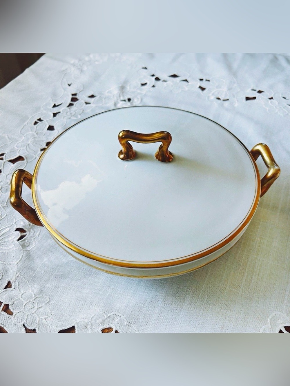 Vintage Turin Bavaria Germany Covered Serving Dish White Gold Trim REPAIRED DAMA